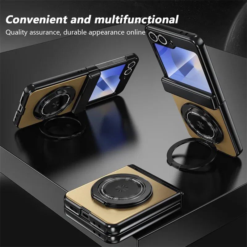 Color: Gold, Material: aluminum - 360?° Magnetic Rotate Holder Ring Phone Case For Samsung Galaxy Z Flip 6 5 4 Flip6 Flip5 Flip4 Flip3 Hard Shell Protection Cover