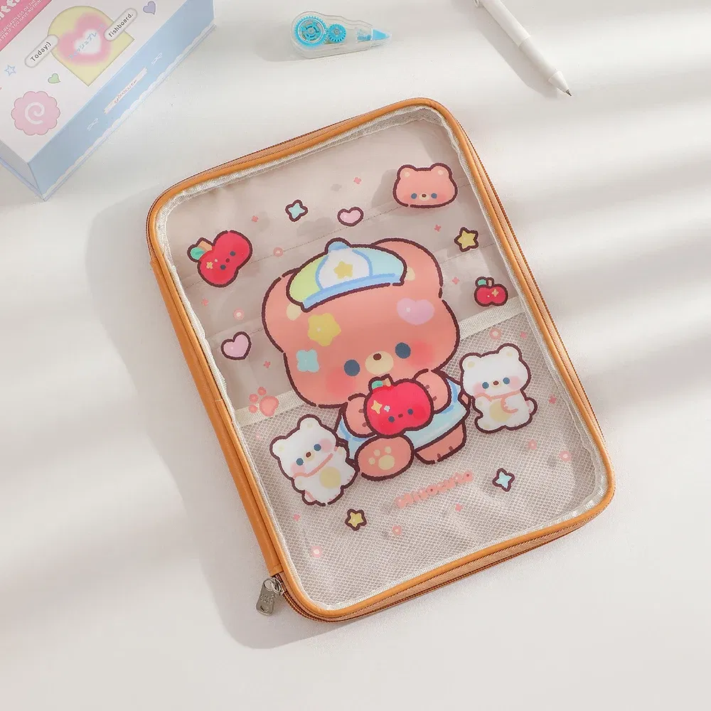 Color: Pink - Cartoon PVC Stationary Organzier Pouch Big Capacity Storage Pens Eraser Students Pencil Bags