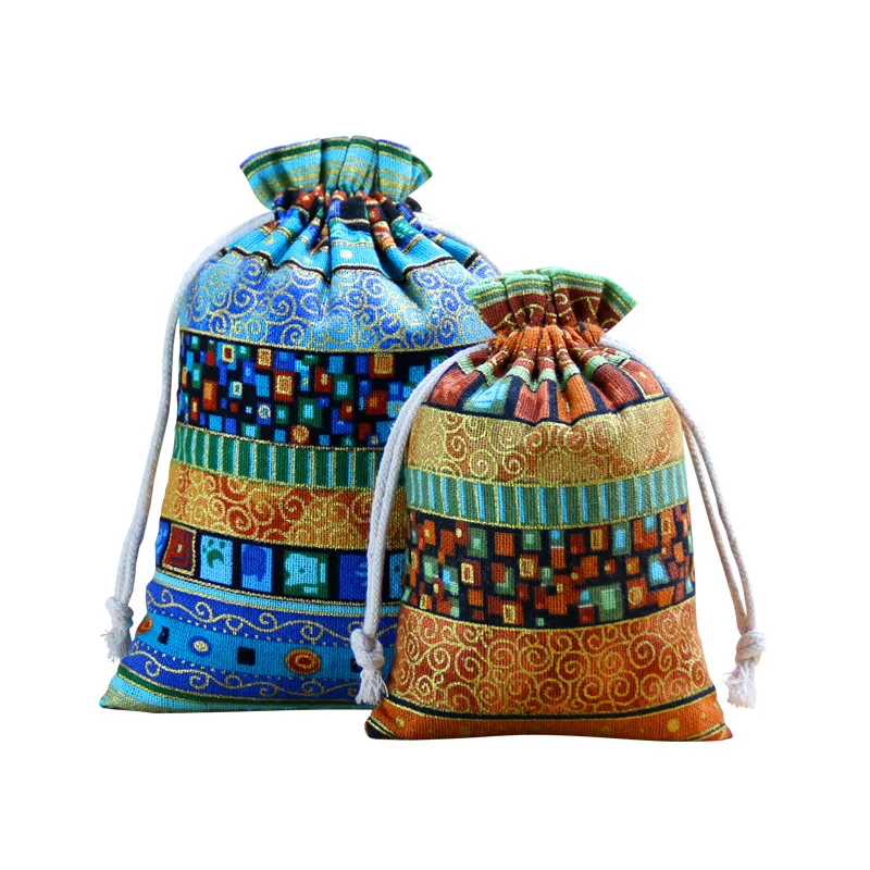 Size: M, Color: Blue - 10pcs Ethnic Style Jewelry Bags Drawstring Pouch Candy Snack Gift Bag Retro Bracelet Jewelry Packaging Storage Bags