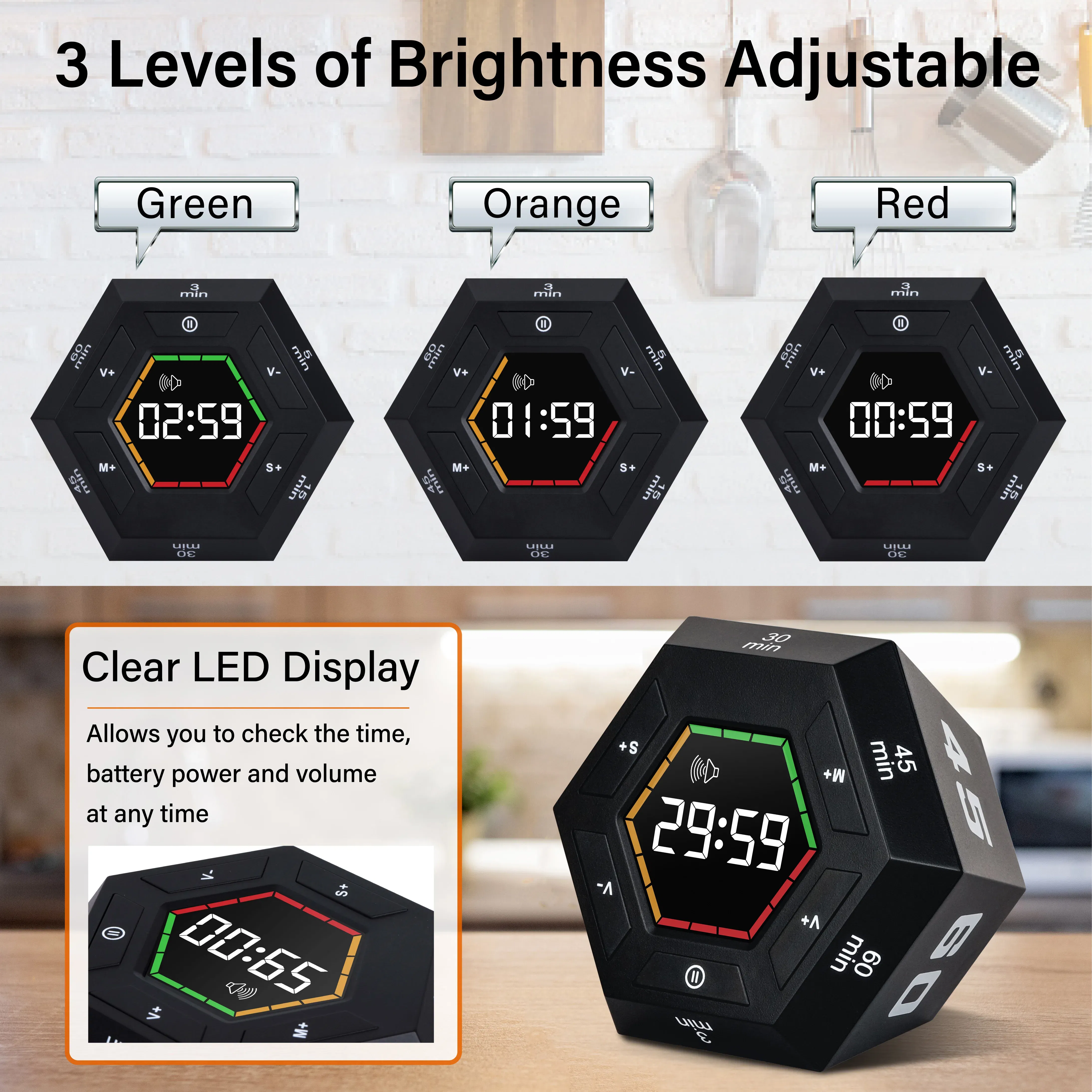 Color: WHITE - Hexagon Visual Flip Timer for kids  Digital Study Pomodoro Cooking Timers Silent timing Magnetic Smart Productivity Kitchen Time