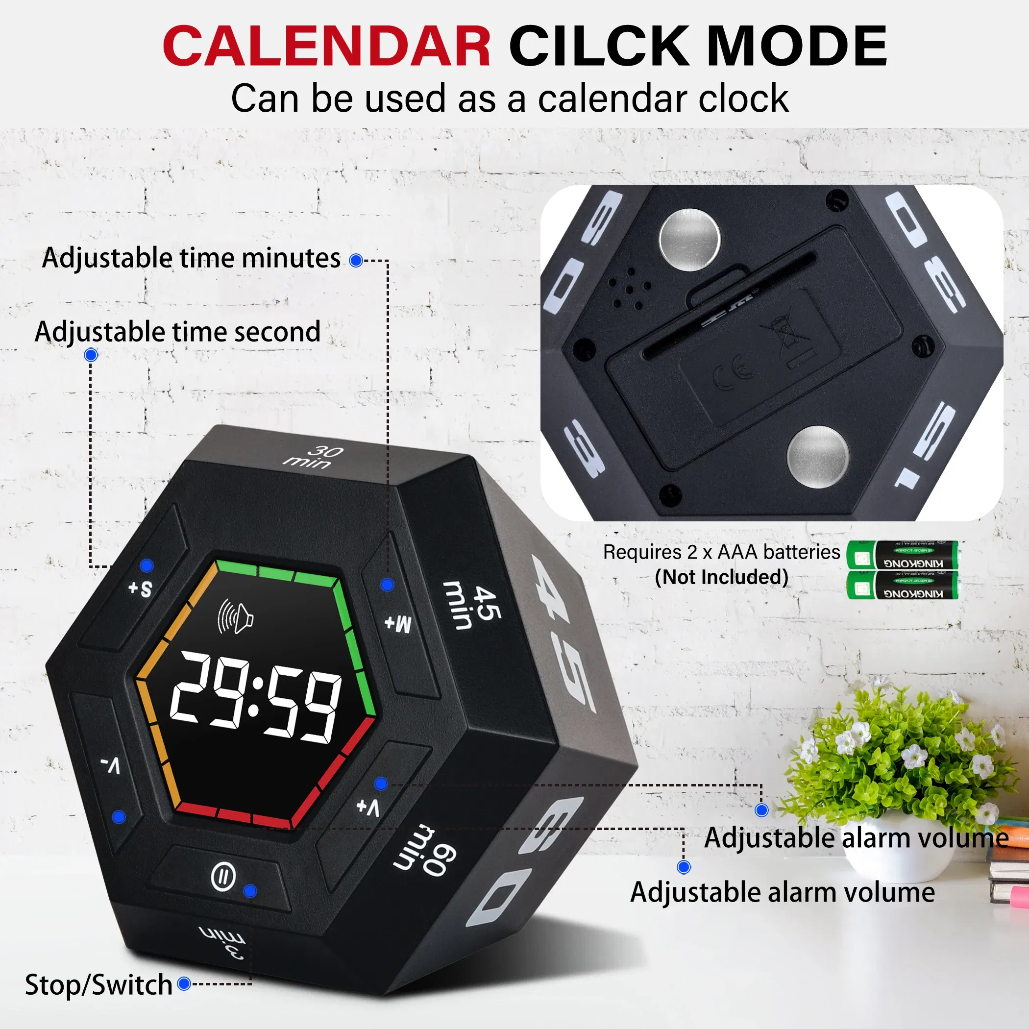 Color: WHITE - Hexagon Visual Flip Timer for kids  Digital Study Pomodoro Cooking Timers Silent timing Magnetic Smart Productivity Kitchen Time