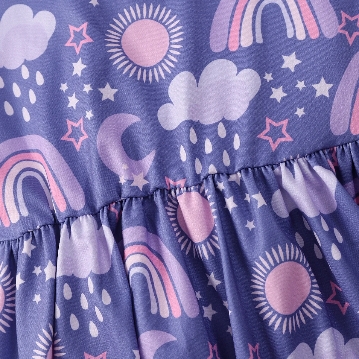 Color: PURPLE, Kid Size: 122 - Girls Cute Cartoon Rainbow Graphic Flutter Trim Sleeveless Dress For Summer Party Gift