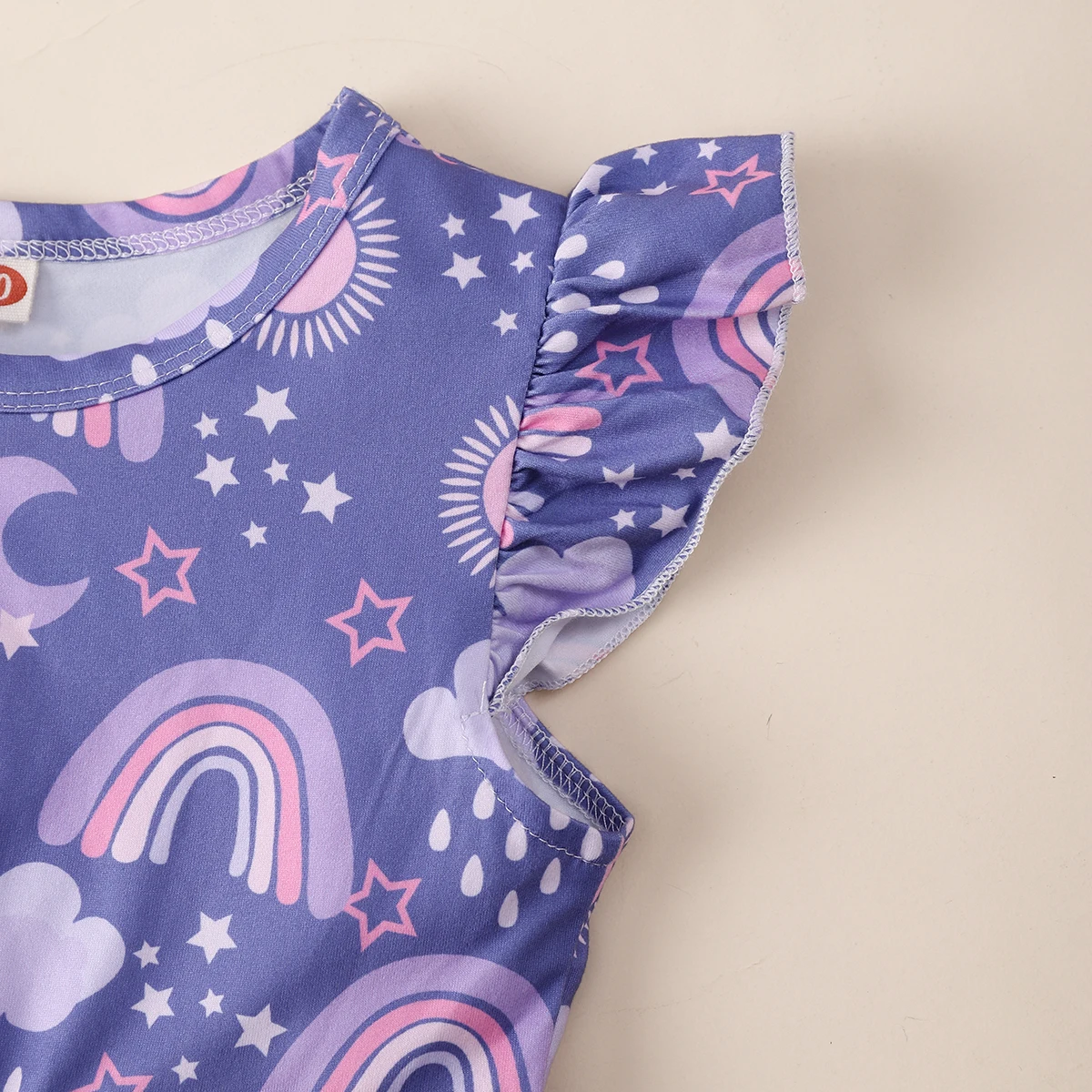 Color: PURPLE, Kid Size: 122 - Girls Cute Cartoon Rainbow Graphic Flutter Trim Sleeveless Dress For Summer Party Gift