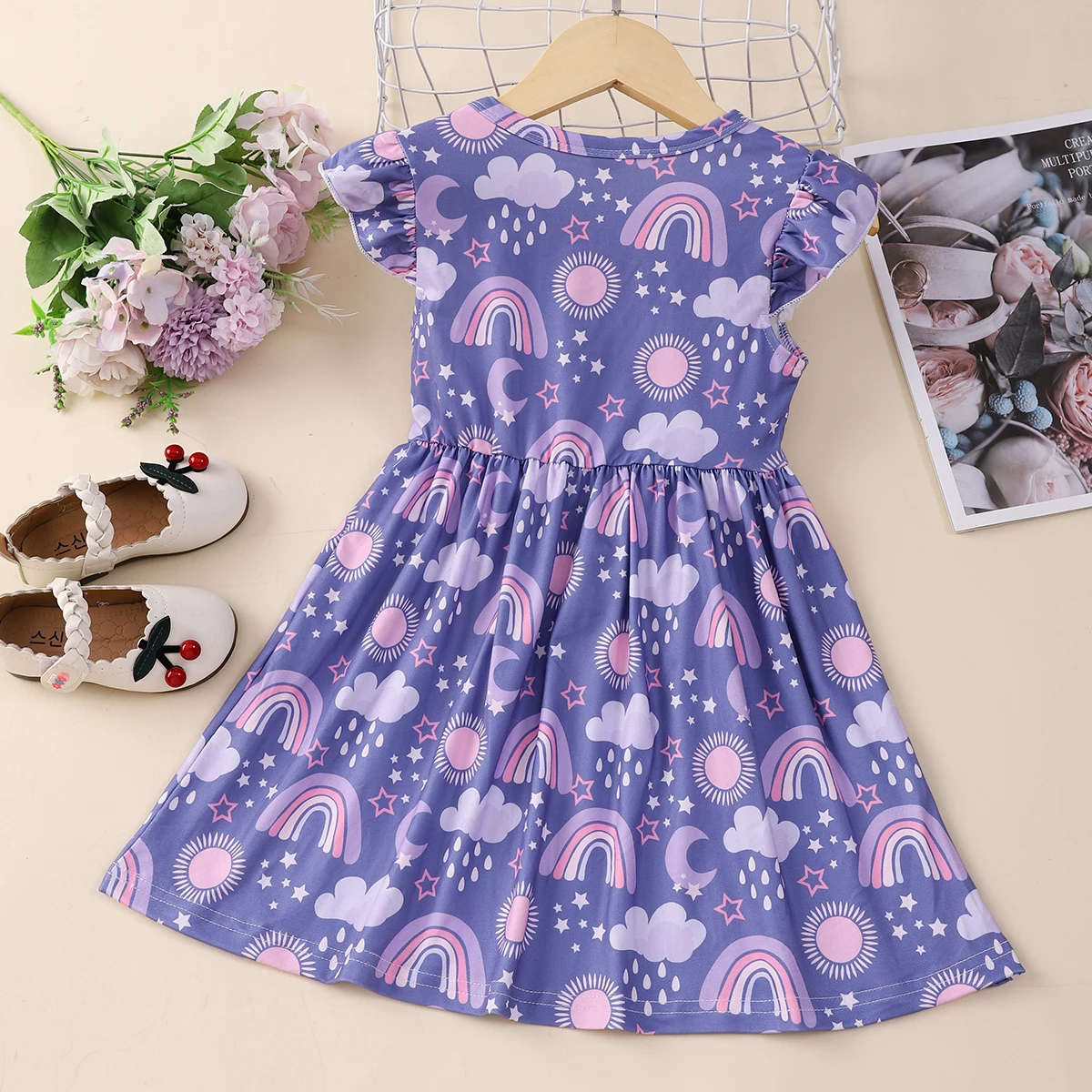 Color: PURPLE, Kid Size: 122 - Girls Cute Cartoon Rainbow Graphic Flutter Trim Sleeveless Dress For Summer Party Gift