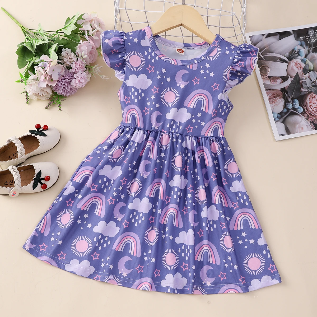 Color: PURPLE, Kid Size: 122 - Girls Cute Cartoon Rainbow Graphic Flutter Trim Sleeveless Dress For Summer Party Gift