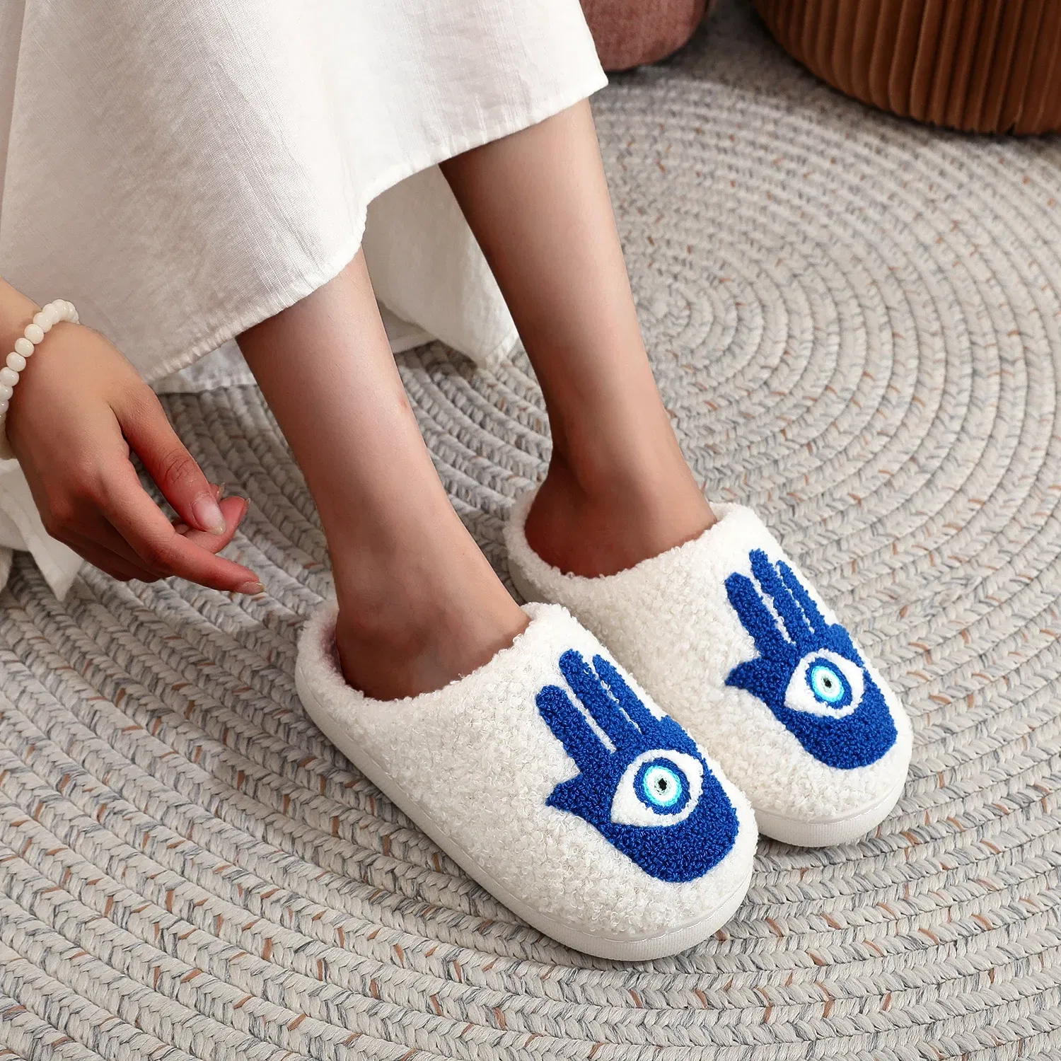 Color: Blue, Shoe Size: 44 - Winter Funny Palm Fur Slippers Home Home Wear-Resistant Non-Slip Plus Velvet Thick Bottom Cotton Slippers