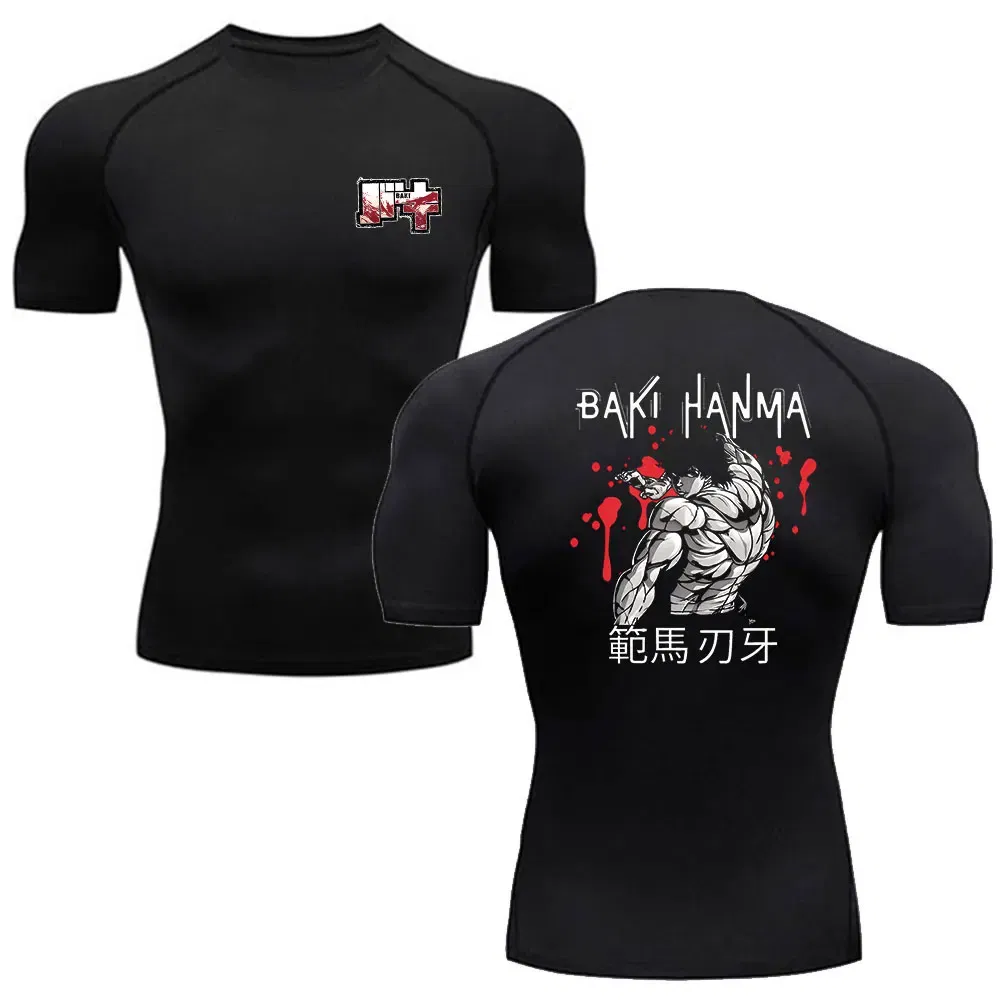 Color: GRAY, Size: XXL - Anime Baki Hanma Men Running Sport T-Shirt Gym Fitness Short Sleeve Slim Compression Shirt Jogging Training Shorts Tops Clothing
