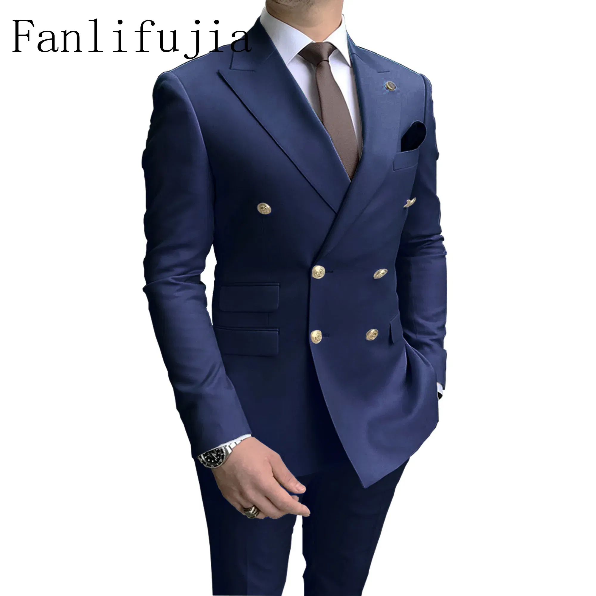 Color: Navy Blue, Size: XL - Fanlifujia Store 2024 Casual Sky Blue Men Suits Double Brested Peak Lapel  Gold Button Groom Wedding Tuxedos Best Costume Homme