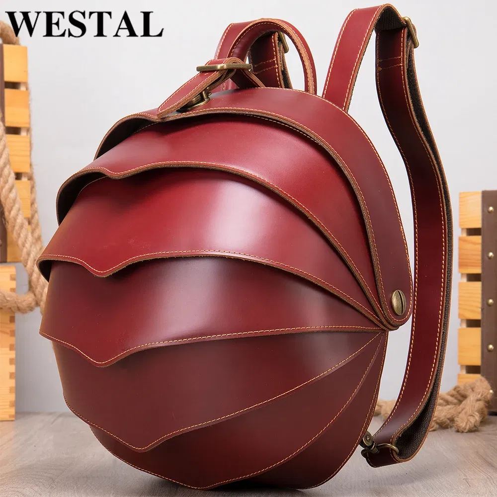 Color: SKY BLUE - WESTAL Crazy Horse Leather Backpack for Woman Round Mini Schoolbag Backpack Purse Antitheft Rucksack Ladies Designer Backpacks