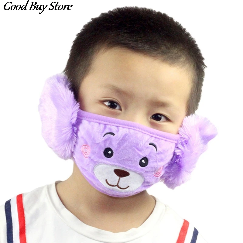 Color: GRAY - Cartoon Bear Earmuffs Children Autumn Winter Fur Earmuff Mouth Cover Kids Comfortable Ear Muff Ear Warmer Skiing Warm Earlap