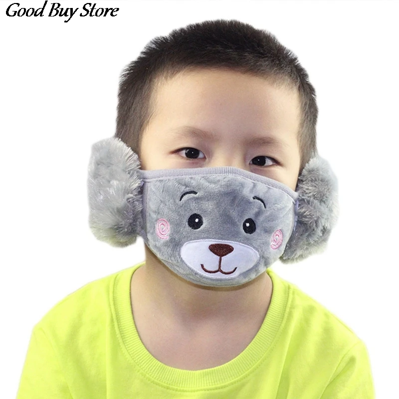 Color: GRAY - Cartoon Bear Earmuffs Children Autumn Winter Fur Earmuff Mouth Cover Kids Comfortable Ear Muff Ear Warmer Skiing Warm Earlap
