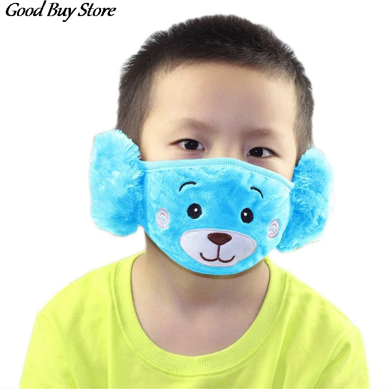 Color: GRAY - Cartoon Bear Earmuffs Children Autumn Winter Fur Earmuff Mouth Cover Kids Comfortable Ear Muff Ear Warmer Skiing Warm Earlap