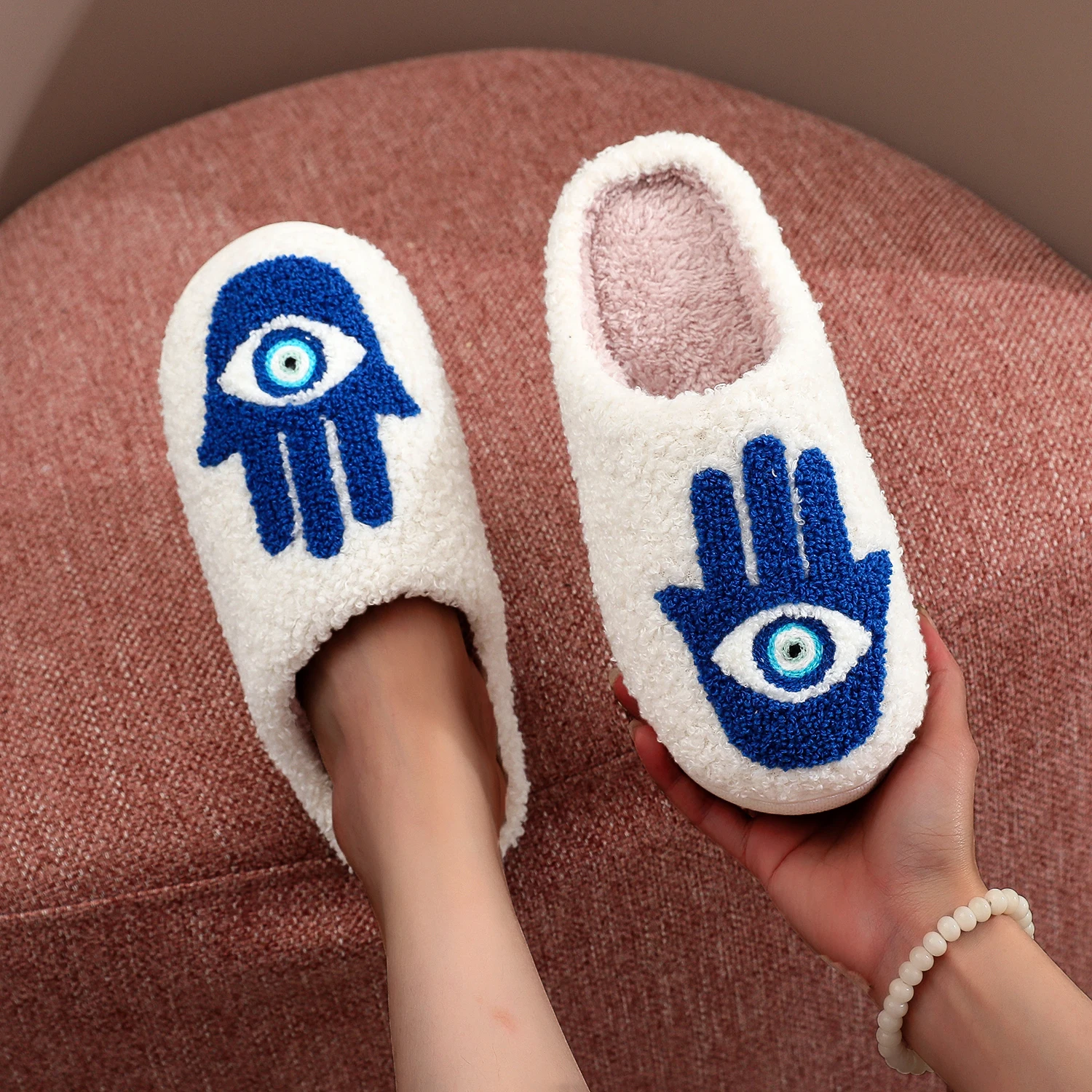 Color: Blue, Shoe Size: 40 - Winter Funny Palm Fur Slippers Home Home Wear-Resistant Non-Slip Plus Velvet Thick Bottom Cotton Slippers