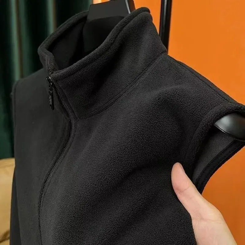 Autumn Winter Polar Fleece Vest Men Windproof Outdoor Warm Sleeveless Double Sided Coat 2024 Plush Stand Collar Casual Waistcoat