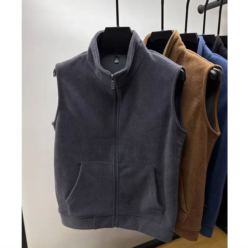 Autumn Winter Polar Fleece Vest Men Windproof Outdoor Warm Sleeveless Double Sided Coat 2024 Plush Stand Collar Casual Waistcoat