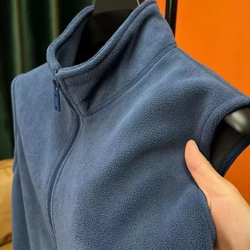 Autumn Winter Polar Fleece Vest Men Windproof Outdoor Warm Sleeveless Double Sided Coat 2024 Plush Stand Collar Casual Waistcoat