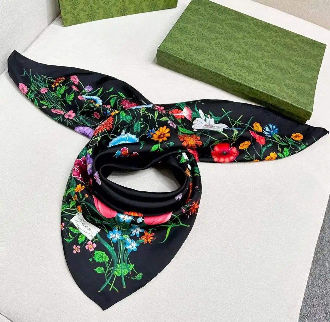 Color: WHITE - High-quality Silk Handmade Square Scarf 90x90cm Classic Floral Pattern Injects The Same Romantic Atmosphere Into The New Series