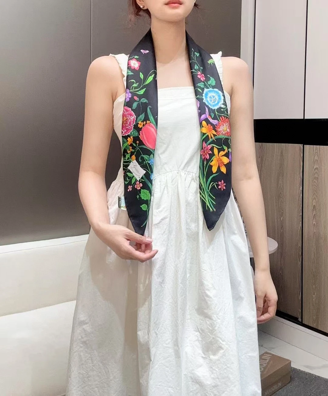 Color: WHITE - High-quality Silk Handmade Square Scarf 90x90cm Classic Floral Pattern Injects The Same Romantic Atmosphere Into The New Series