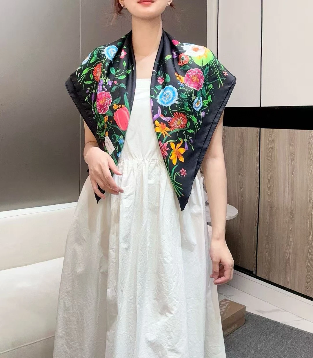 Color: WHITE - High-quality Silk Handmade Square Scarf 90x90cm Classic Floral Pattern Injects The Same Romantic Atmosphere Into The New Series