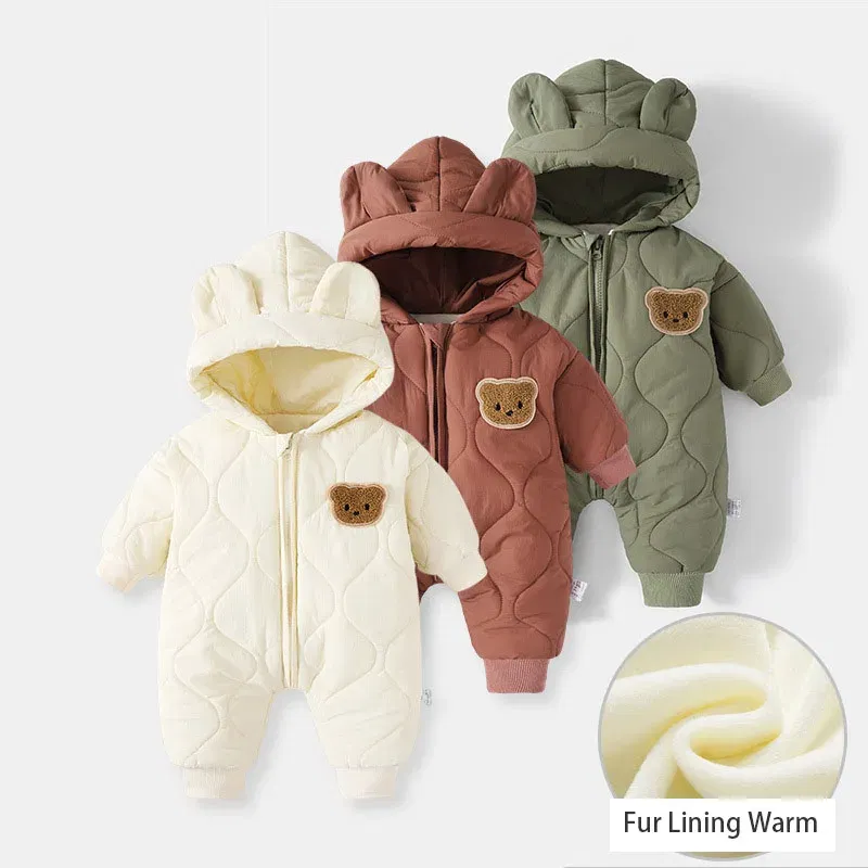 Autumn Winter Hooded Infant Newborn Baby Rompers Fleece Padded Cartoon One-pieced Outdoor Outfit for Baby Boys Girls