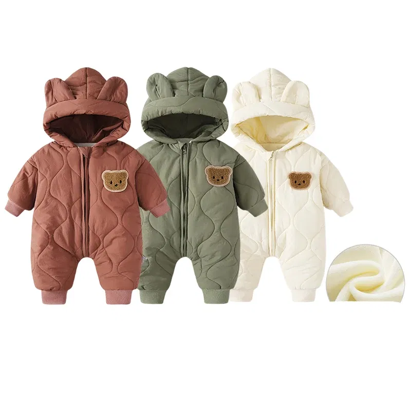 Autumn Winter Hooded Infant Newborn Baby Rompers Fleece Padded Cartoon One-pieced Outdoor Outfit for Baby Boys Girls
