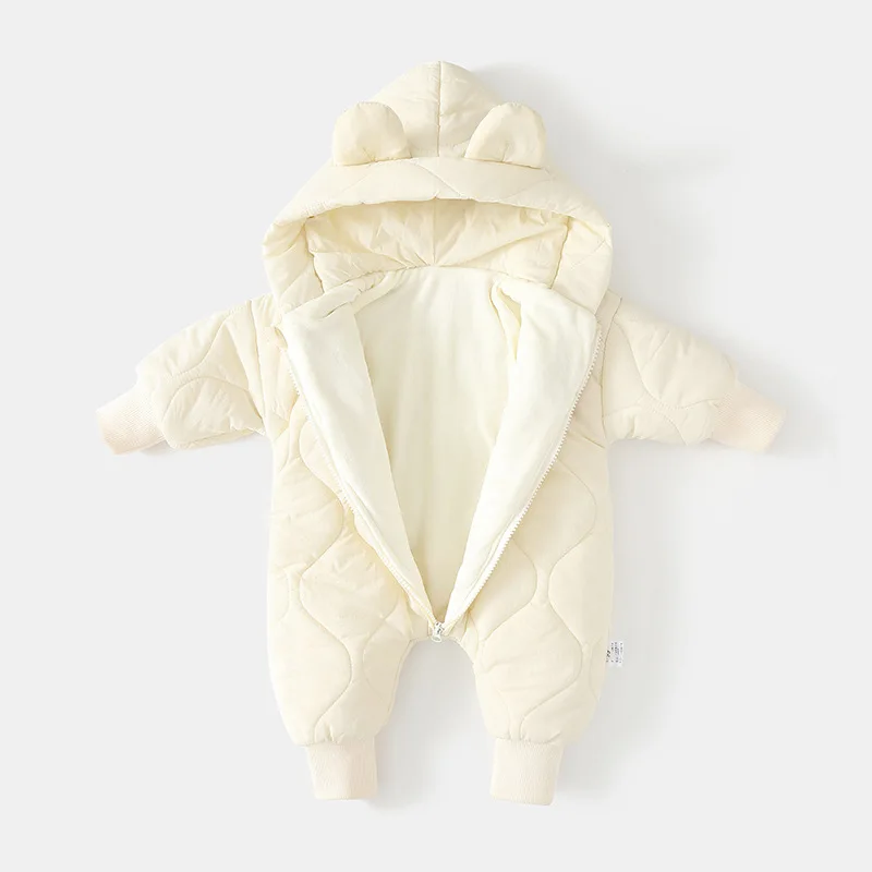 Autumn Winter Hooded Infant Newborn Baby Rompers Fleece Padded Cartoon One-pieced Outdoor Outfit for Baby Boys Girls