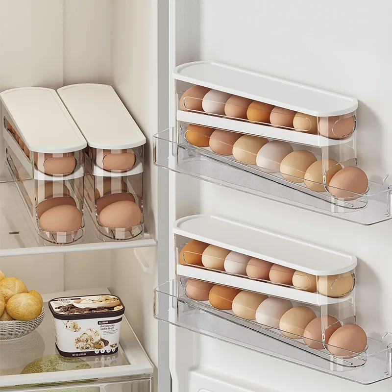 Color: WHITE - Bilayer Fridge Egg Storage Box Automatic Rolling Eggs Holder Rack Ladder Style Refrigerator Eggs Dispenser Egg Organizers Holder