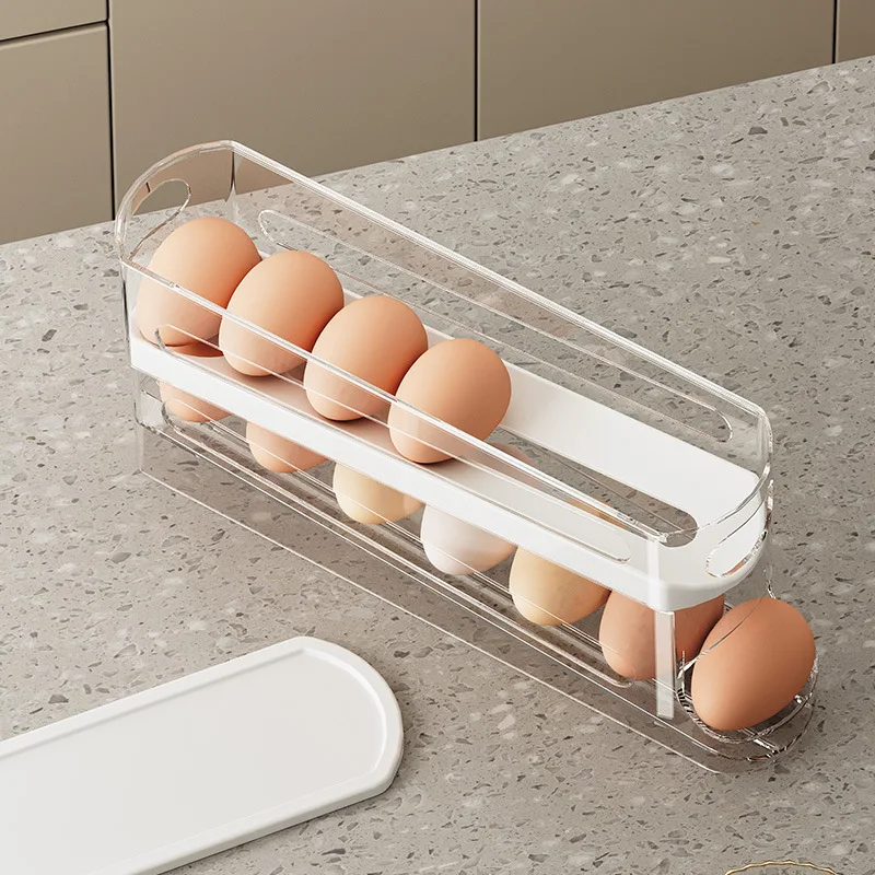 Color: WHITE - Bilayer Fridge Egg Storage Box Automatic Rolling Eggs Holder Rack Ladder Style Refrigerator Eggs Dispenser Egg Organizers Holder