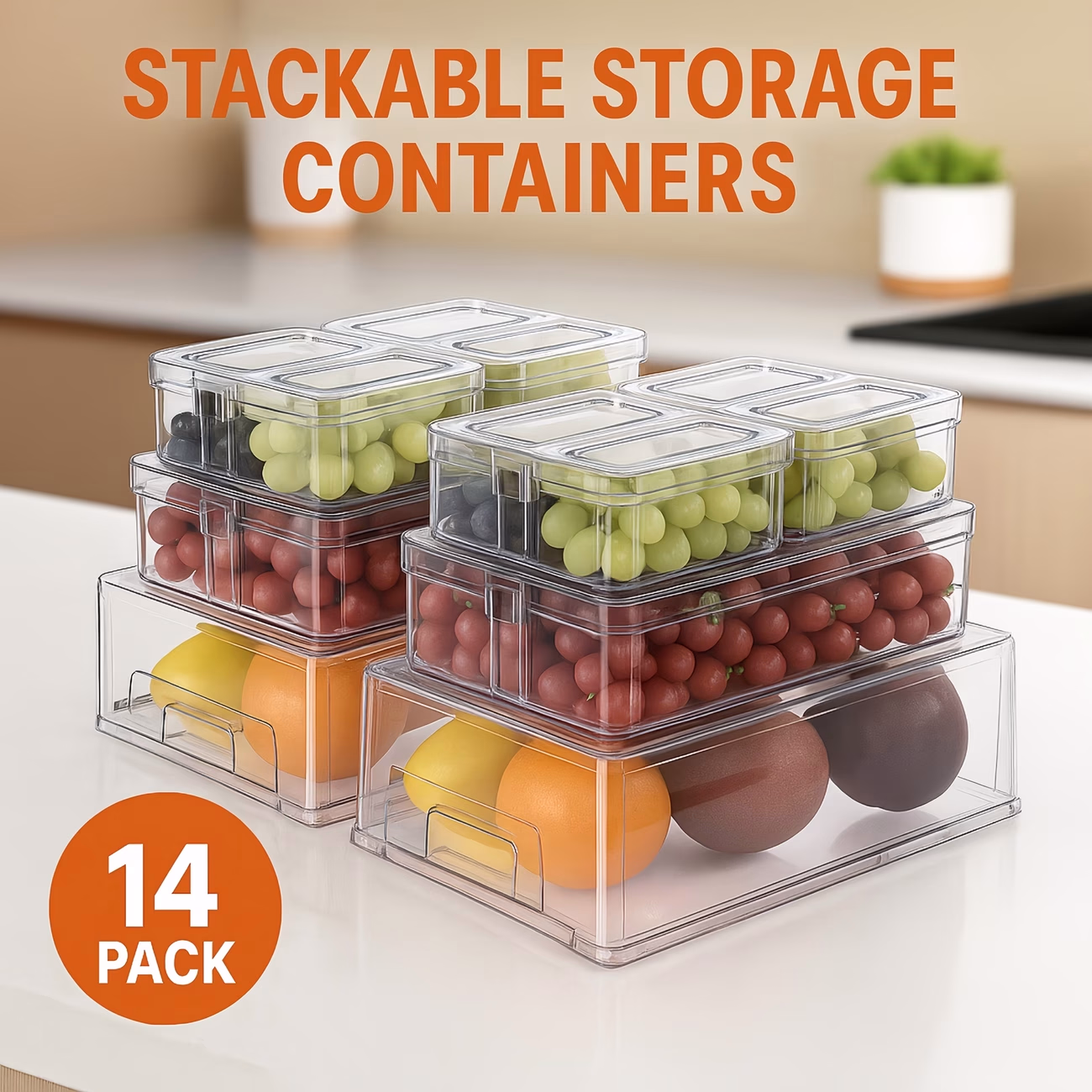 14pcs Fridge Organizer Storage Bins Set – BPA-Free Stackable Drawer Containers for Kitchen Organization