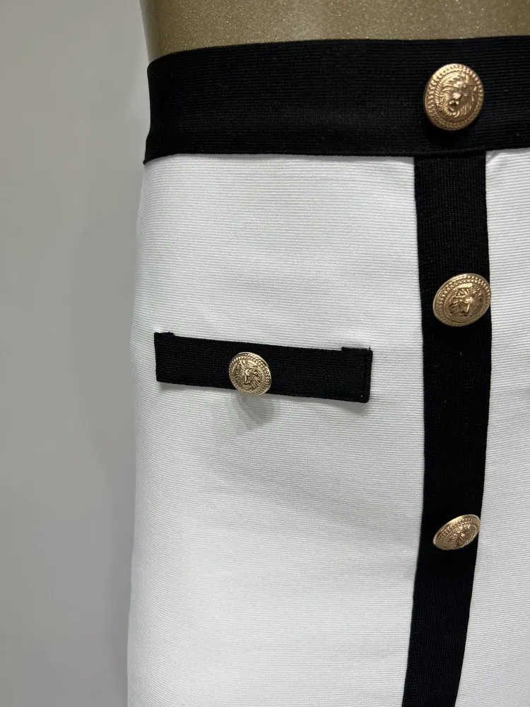 Color: black, Size: M - New Arrival Women Button Patchwork White Black Bodycon Bandage Skirt 2024 Designer High Waist Party Club Pencil Skirt 60cm