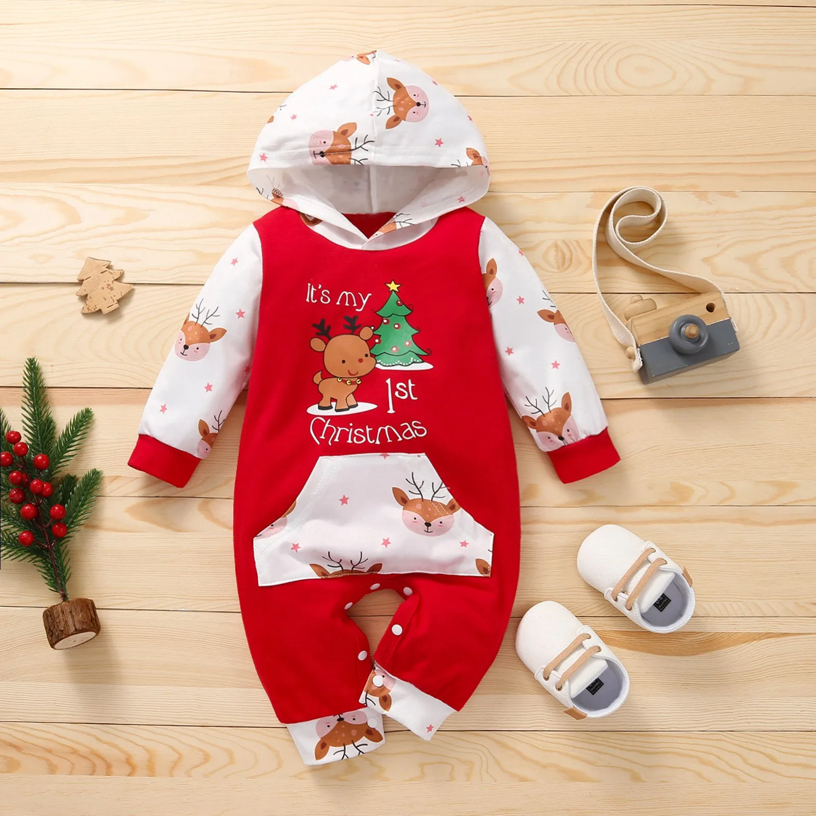 Color: Red, Kid Size: 6M - Autumn Baby Girl Deer Print Christmas Jumpsuit Long-Sleeved Front Patch Pocket Hooded Jumpsuit