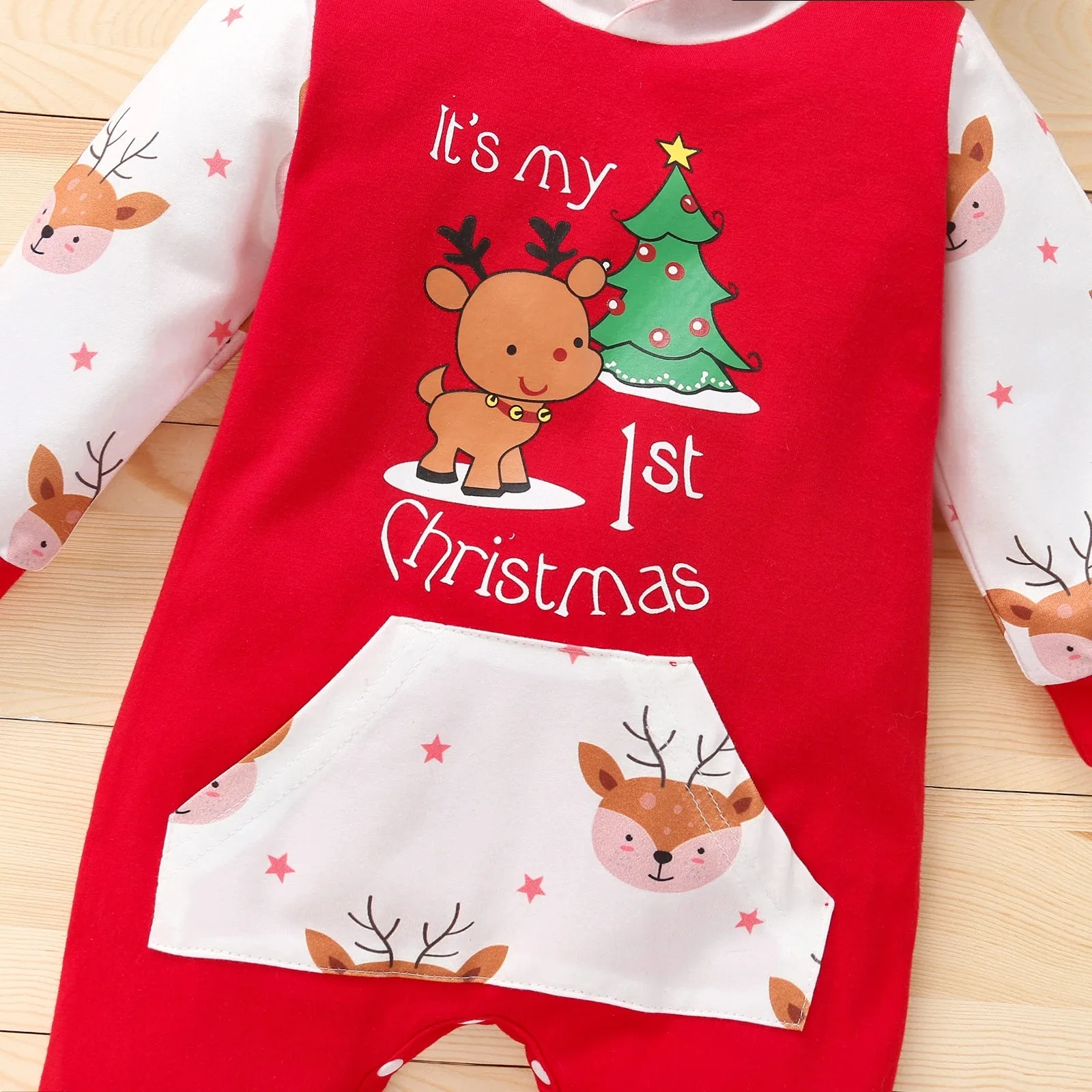 Color: Red, Kid Size: 6M - Autumn Baby Girl Deer Print Christmas Jumpsuit Long-Sleeved Front Patch Pocket Hooded Jumpsuit