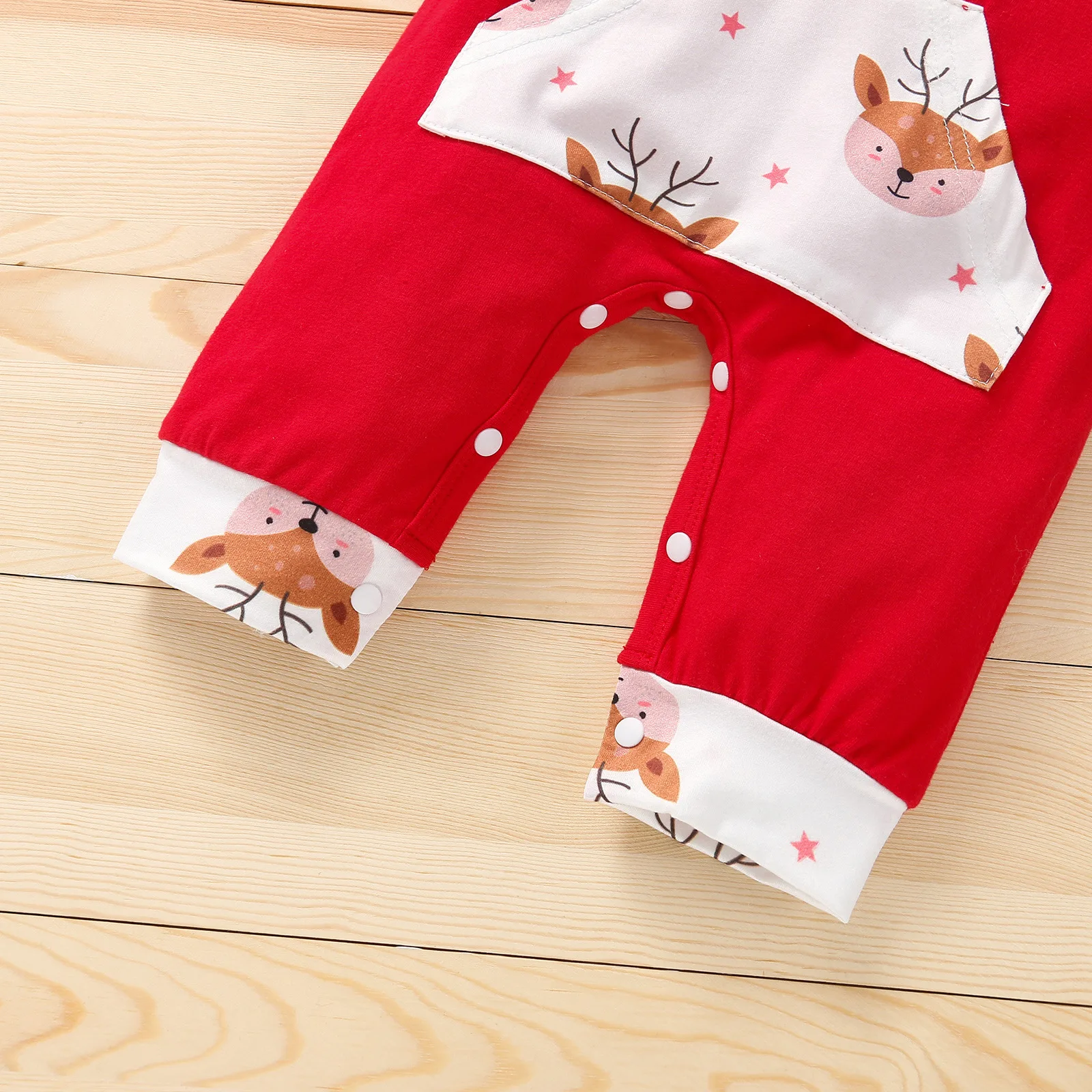 Color: Red, Kid Size: 6M - Autumn Baby Girl Deer Print Christmas Jumpsuit Long-Sleeved Front Patch Pocket Hooded Jumpsuit