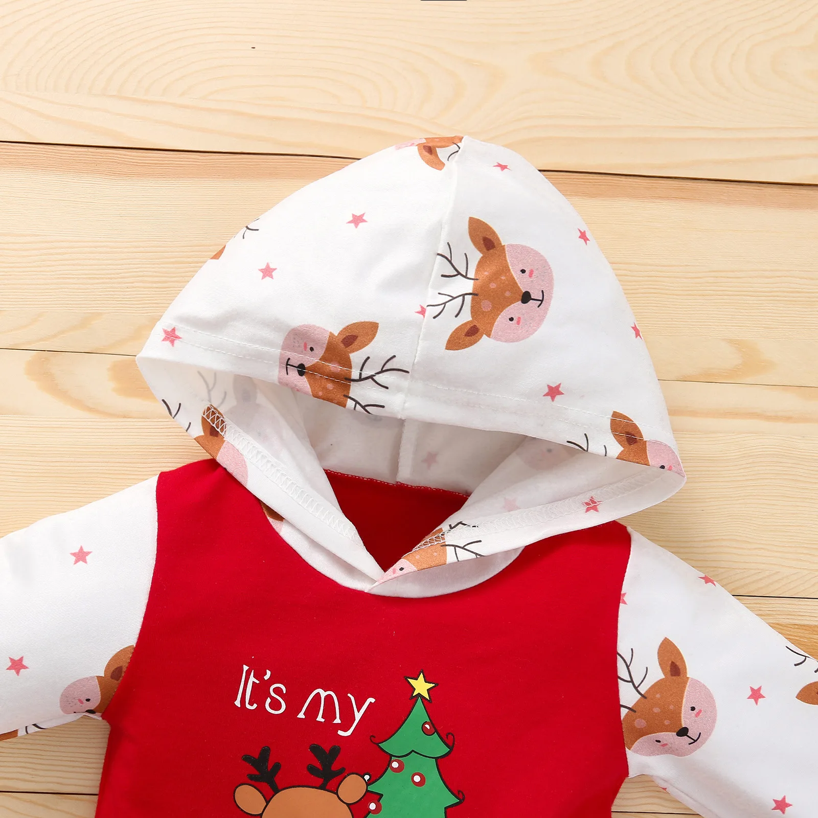 Color: Red, Kid Size: 6M - Autumn Baby Girl Deer Print Christmas Jumpsuit Long-Sleeved Front Patch Pocket Hooded Jumpsuit