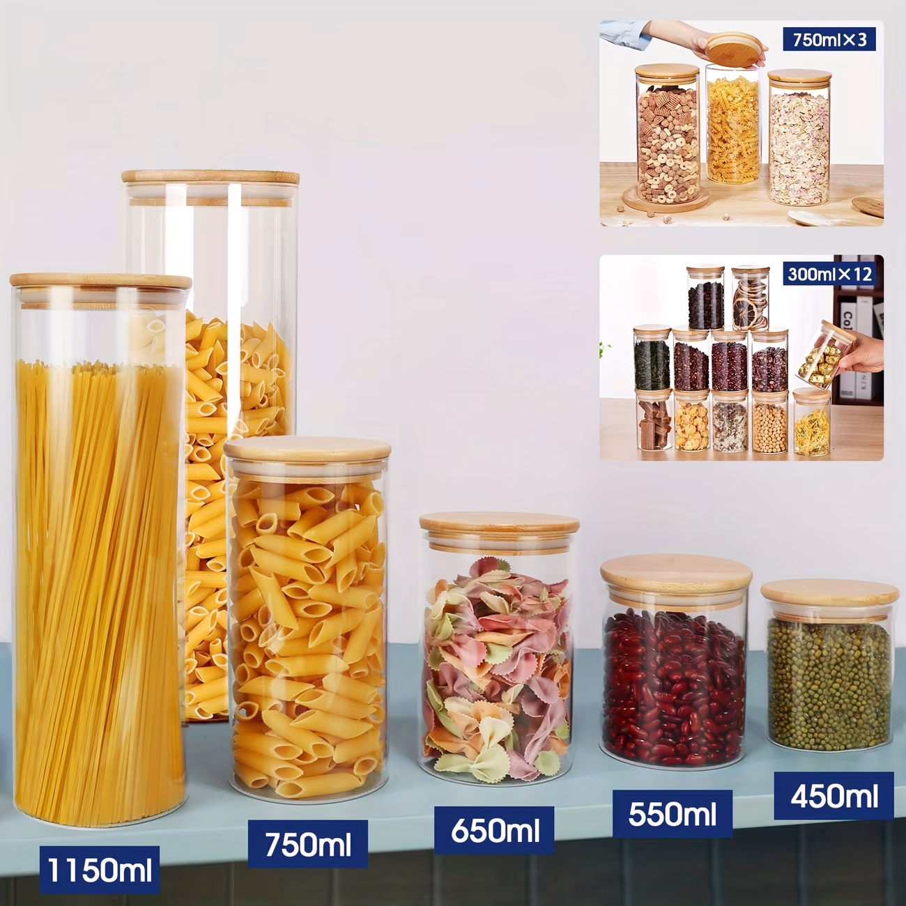 3/6/12pcs Airtight Glass Preserving Jar with Bamboo Lid – Food, Bean, Tea, and Spice Storage Containers