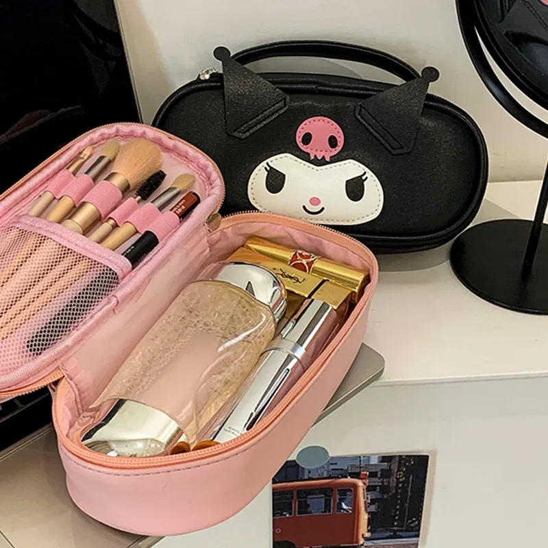 Color: Brown - Sanrio Women Makeup Bag Kuromi Melody Cute PU Toiletries Cosmetic  Organizer Zipper Bag Travel Wash Pouch Female Make Up Bags