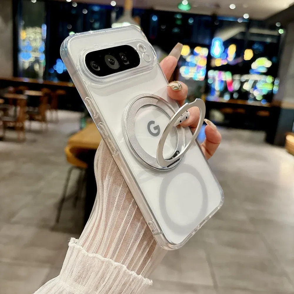 Color: Beige, Compatibility by Model: Google Pixel 7 Pro - for Magsafe Matte Rotating Bracket Case for Google Pixel 10 9 Pro XL 8 7 6 9A 8A 7A 6A Holder Stand Transparent Shockproof Cover