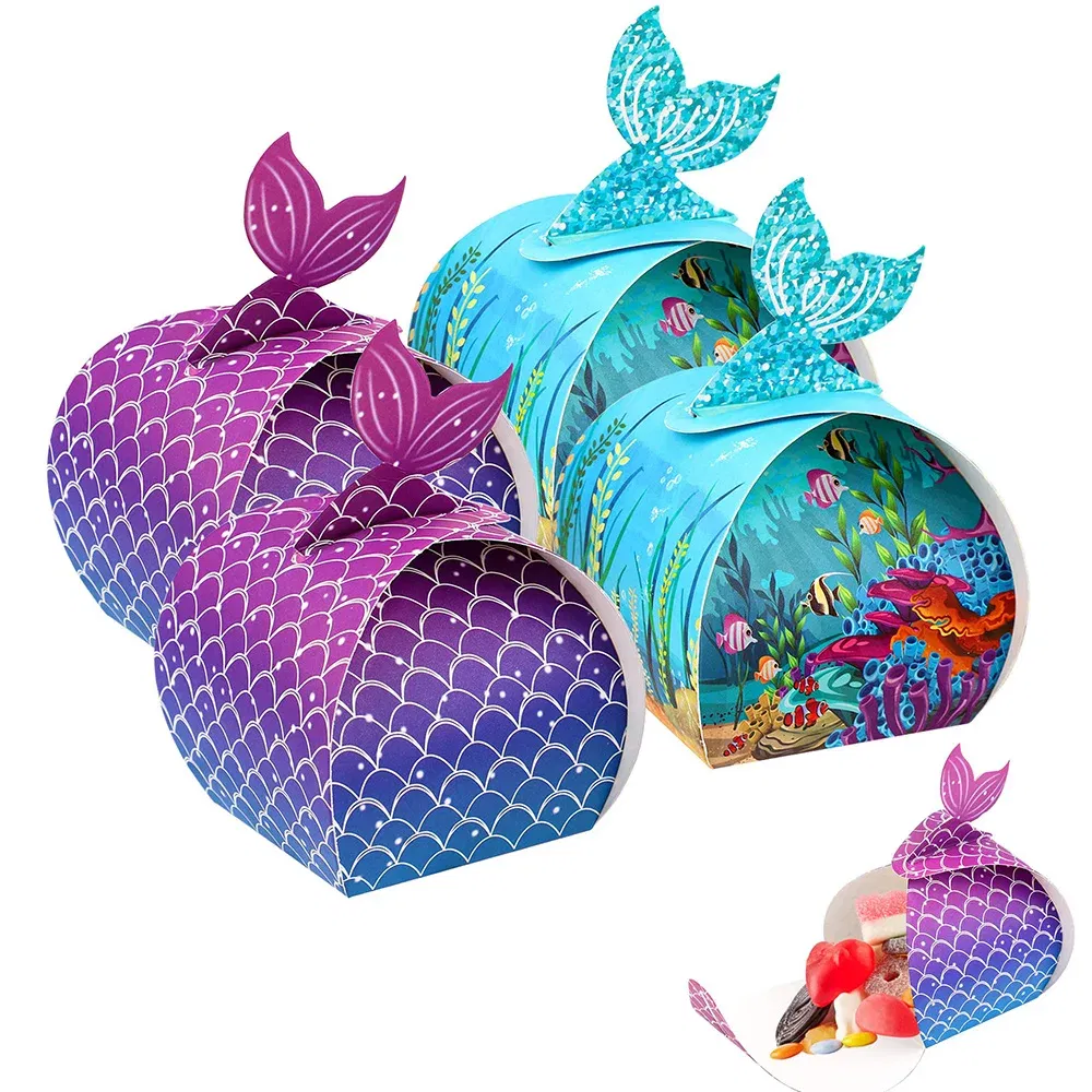 Color: Olive, Gift Box Size: 5x5x5cm - 1pc Mermaid Tail Little Mermaid Birthday Party Treat Bag Under the Sea Themed Goodies Bags Candy Boxes Small Gifts for Guests