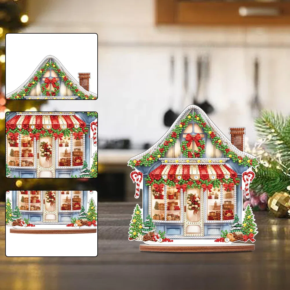 Wooden Diamond Painting Desktop Ornaments Kit Xmas Shop DIY Diamond Art Tabletop Decorations for Xmas Table Office Home Decor
