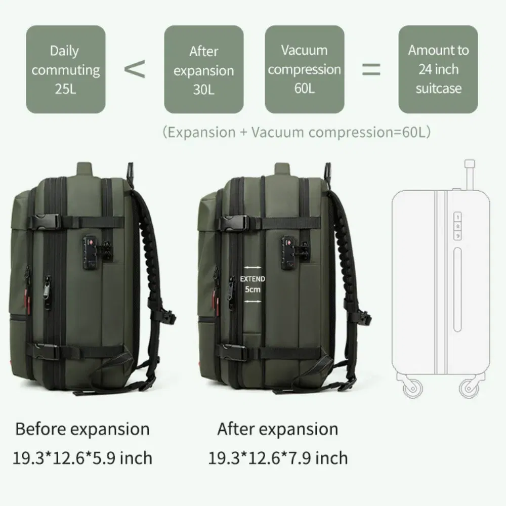 Color: Dark Grey - Vacpack Vacuum Compression Backpack Airback with Pump Men Waterproof Expandable Carry On Travel Backpack 17 inch Laptop Backpack