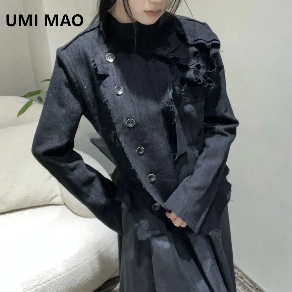 UMI MAO Blazers Coat Spring Autumn New Rose Flower Wool Edge Design Slim Fit Black Jacket Y2K