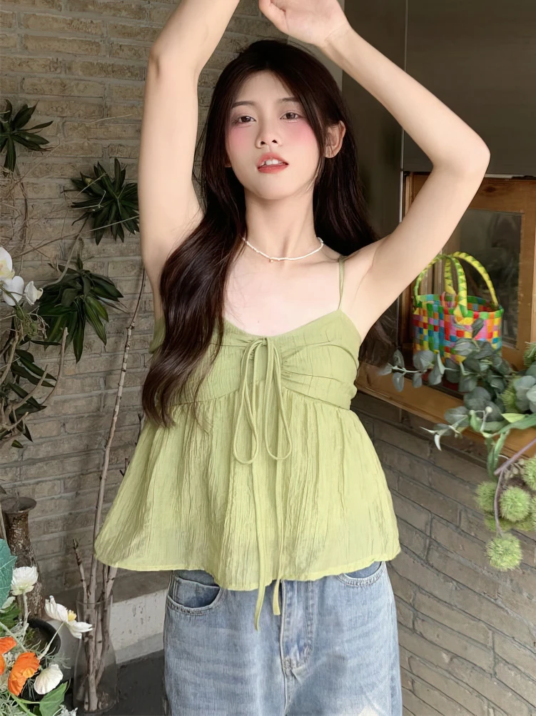 Color: Beige, Size: L - Women Linen Sweet Babydoll Ruffle Crop Sleeveless Top Thin Strap Front Bow Ties Flowy Camis Female Korean Tank Top