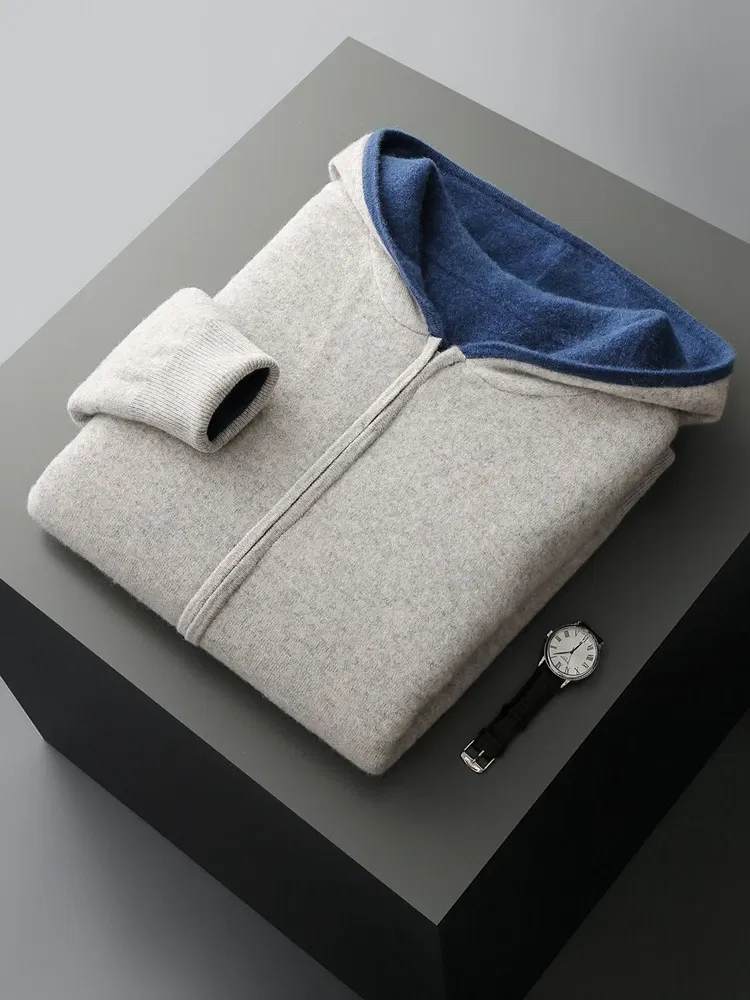 Color: Light Grey, Size: XL - Reversible Men's Wool Cardigan Sweater Autumn Winter Hooded  Solid 100% Merino Wool Knitted Casual Simple Man Jackets Thick Warm
