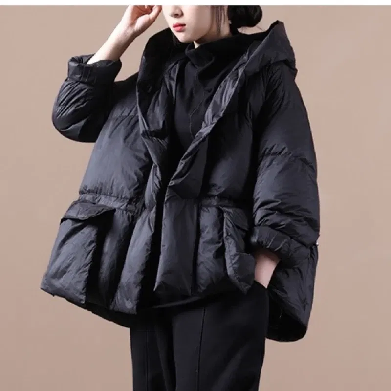 Winter new women's hooded solid color jacket casual loose pocket drawstring short duck down jacket  women coats,4 Colors