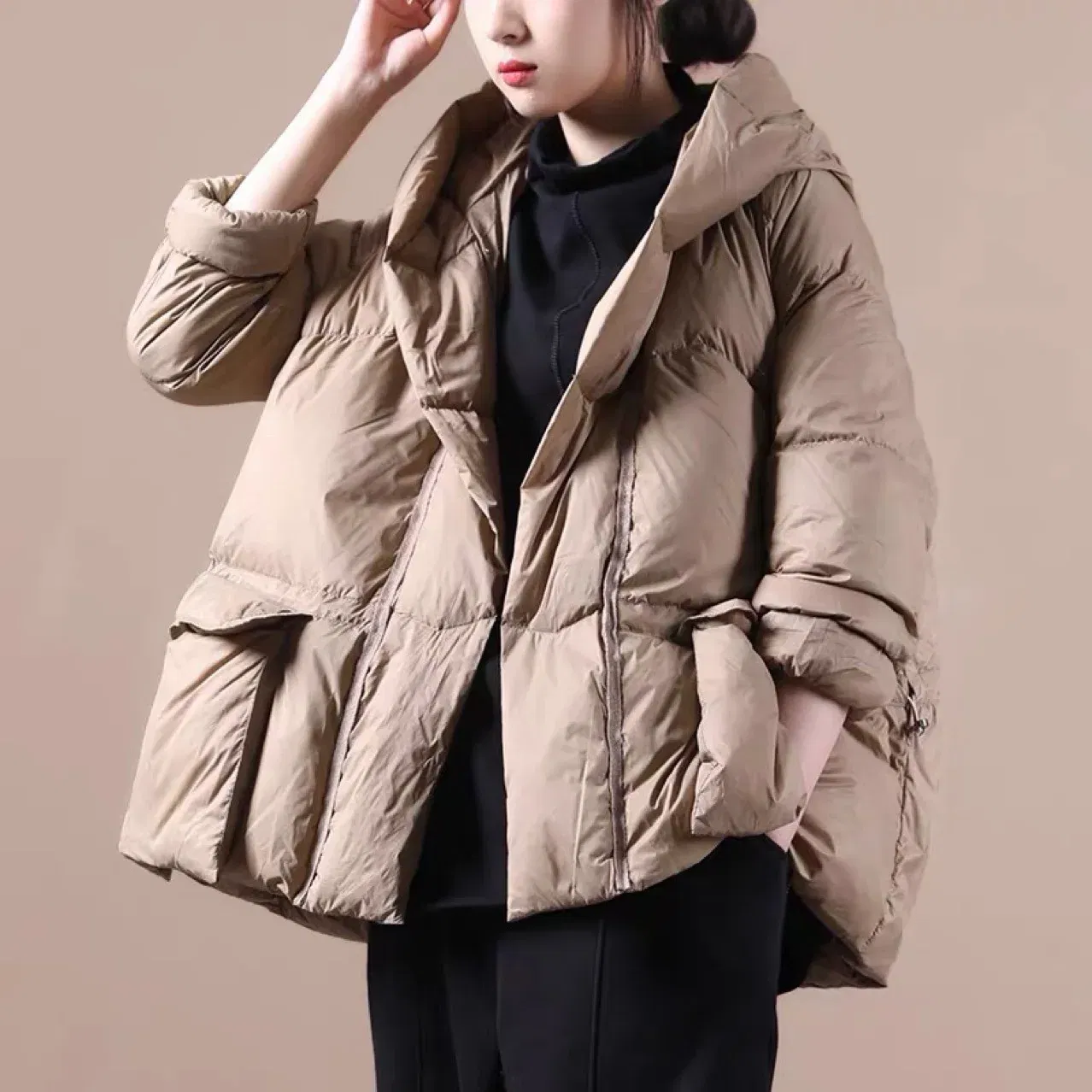 Winter new women's hooded solid color jacket casual loose pocket drawstring short duck down jacket  women coats,4 Colors