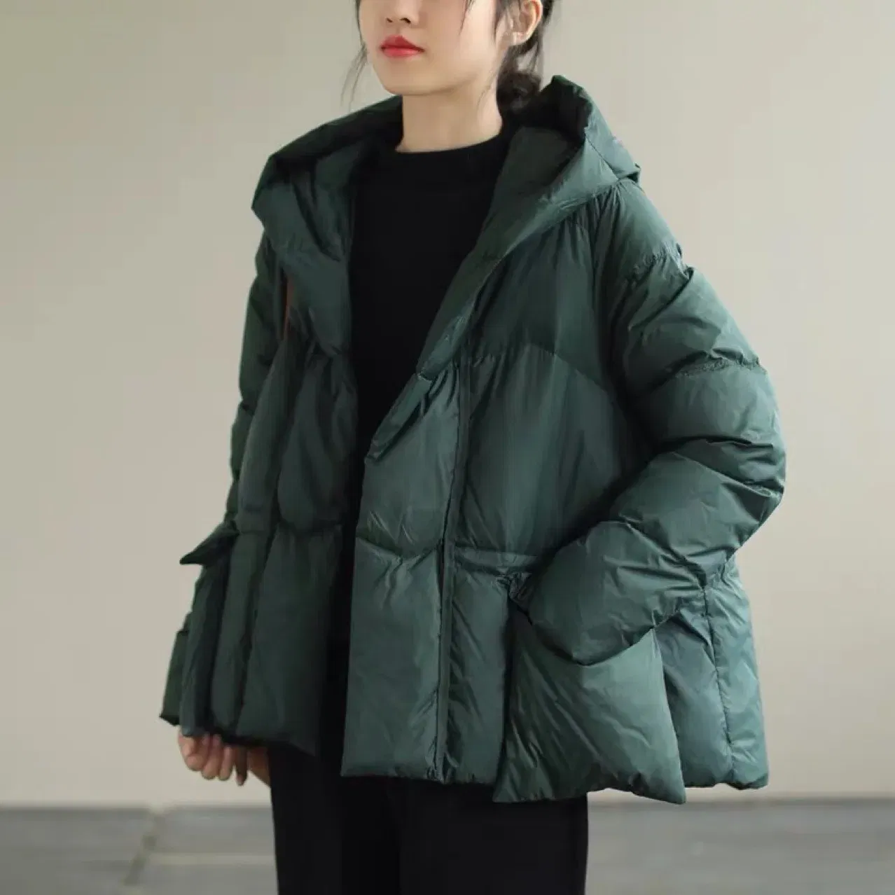 Winter new women's hooded solid color jacket casual loose pocket drawstring short duck down jacket  women coats,4 Colors