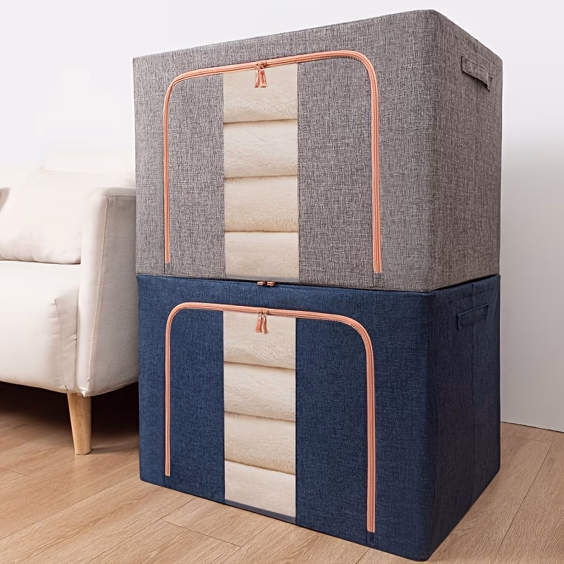 Contemporary Fabric Storage Box with Zippered Lid & Curved Closure – Multi-Purpose Rectangular Organizer for Home, Office, Clothes, Bedding