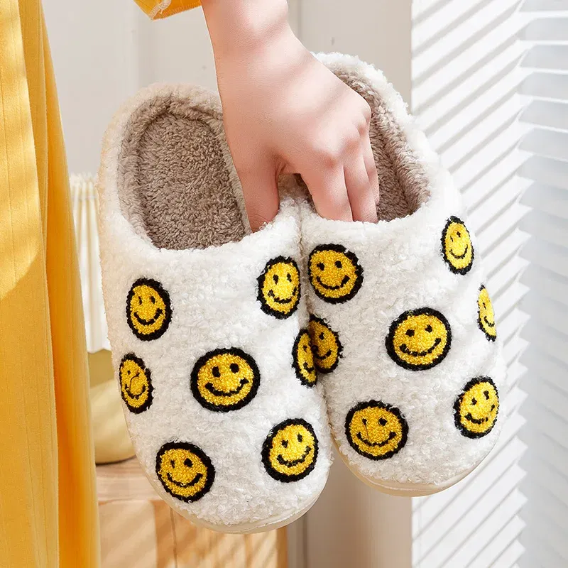 Color: light yellow, Shoe Size: 5 - Little Cute Smile Women Slippers Houseshoes House Smile Face Ladies Indoor Winter Fluffy Cozy Home Comfy Shoes