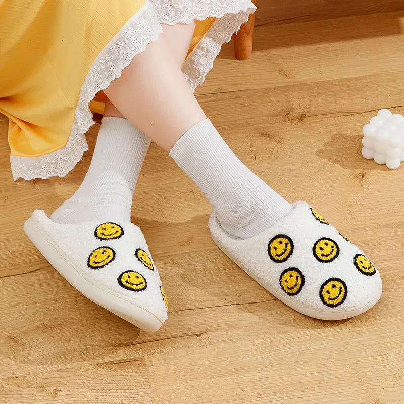 Color: light yellow, Shoe Size: 5 - Little Cute Smile Women Slippers Houseshoes House Smile Face Ladies Indoor Winter Fluffy Cozy Home Comfy Shoes