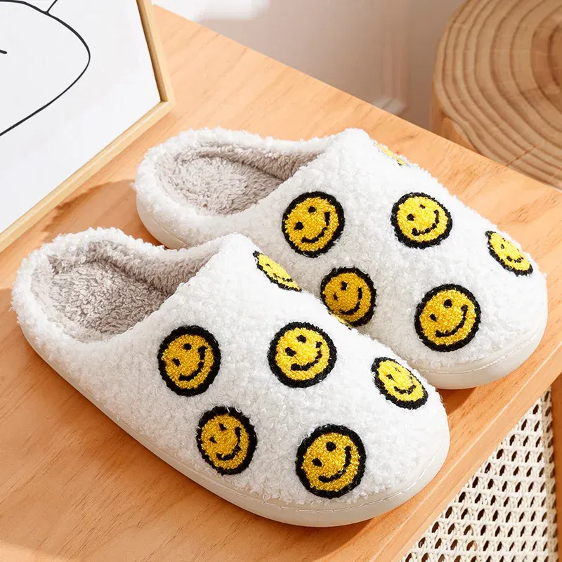 Color: light yellow, Shoe Size: 5 - Little Cute Smile Women Slippers Houseshoes House Smile Face Ladies Indoor Winter Fluffy Cozy Home Comfy Shoes